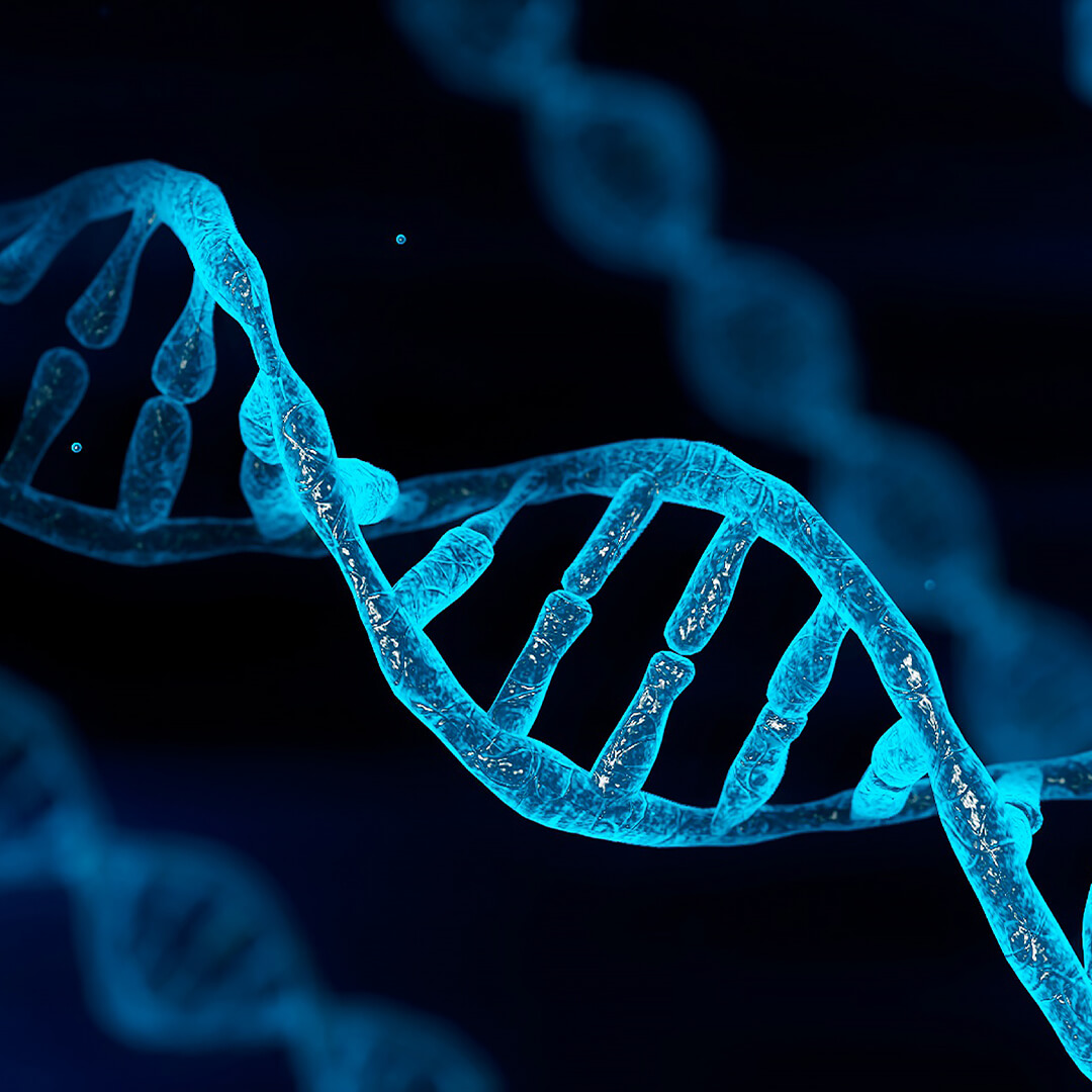 Glowing double-helix DNA strands against a dark background, symbolizing genetics and inherited cancer risk